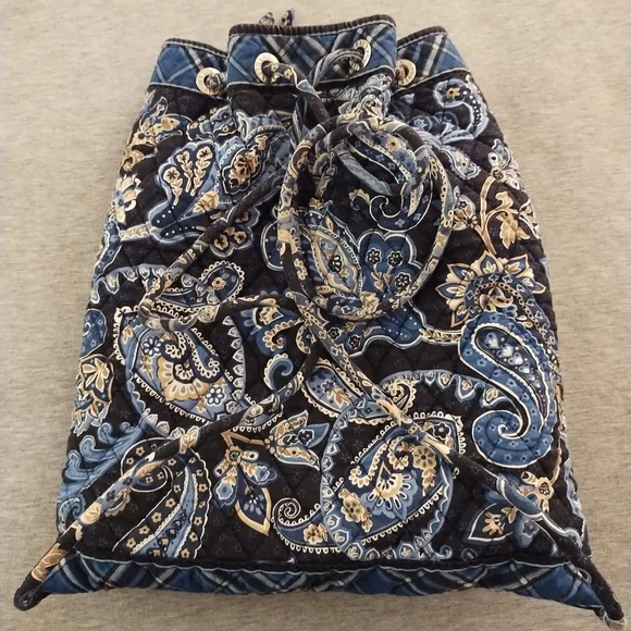 Vera Bradley Drawstring Backpack Blue Floral and Plaid Pattern - Picture 16 of 16